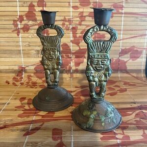 Rare Antique Pair Figural Brass Candlestick Holders